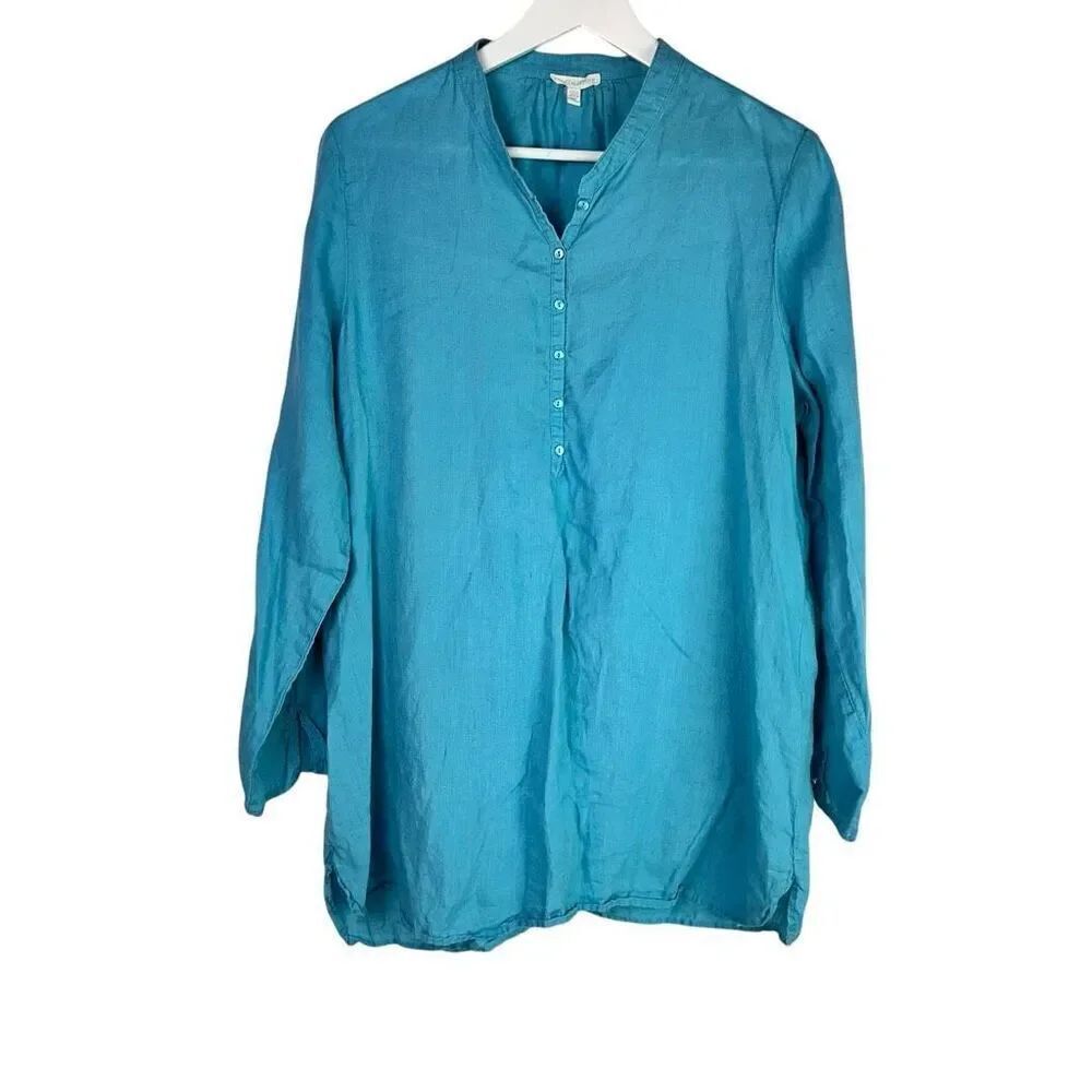 Eileen Fisher Large Turquoise Blue Irish Linen Popover Tunic